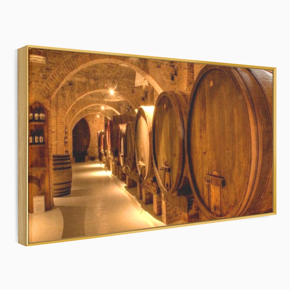Tablou canvas cu tablou canvas cu butoaie de vin in crama, in rama de aluminiu auriu
